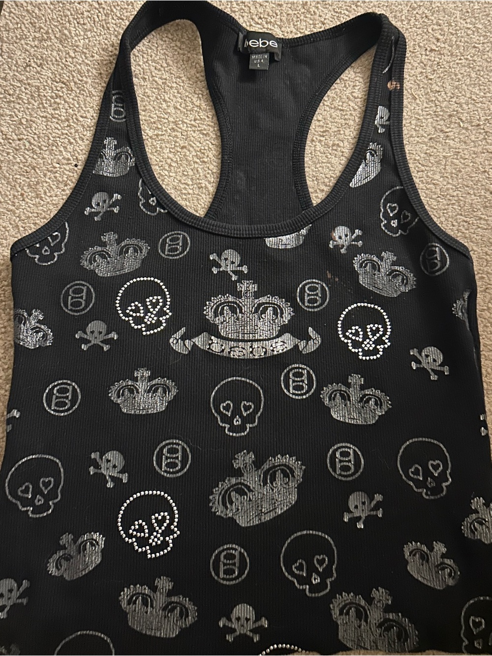 bebe Black Ribbed Tank Top with Logo Tag